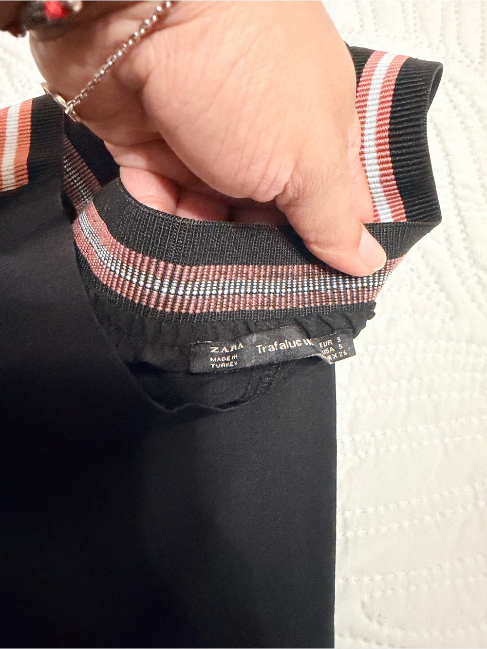 Zara Black Jogger Pants with Red and White Striped Ribbed Waistband